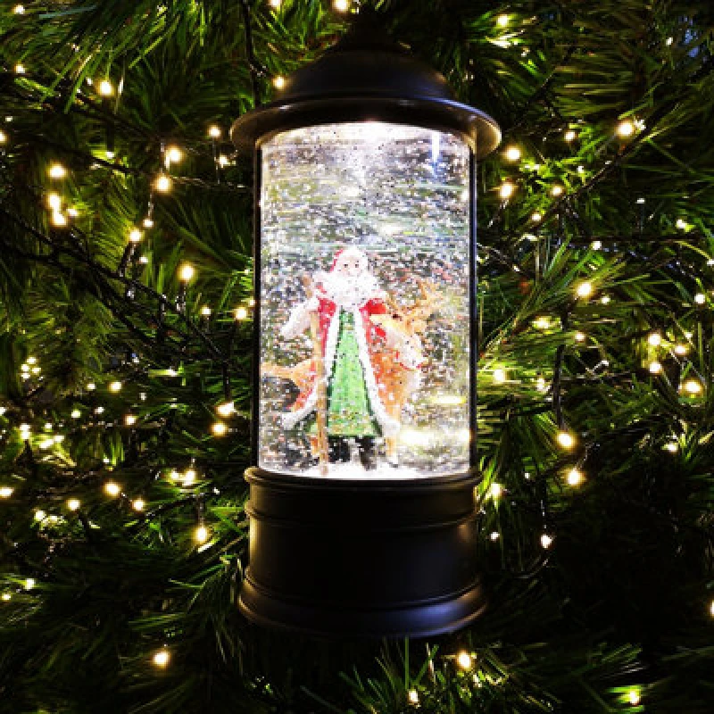 Image of Samuel Alexander 29cm Dual Power LED Christmas Glitter Water Spinner Black Lantern Santa & Reindeer Scene Black