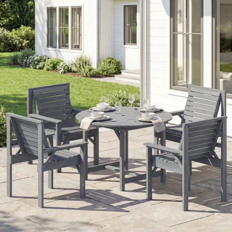 Image of OUTSUNNY Garden Dining Set, Round Table & Chairs w/ Parasol Hole in Grey Size: 100cm x 100cm Grey Unisex 100cm x 100 cm