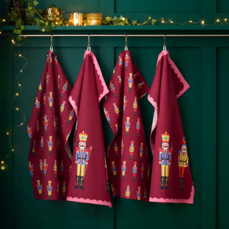 Image of Catherine Lansfield Christmas Nutcracker Cotton 50X70Cm Kitchen Tea Towel Pack Of 4 Plum