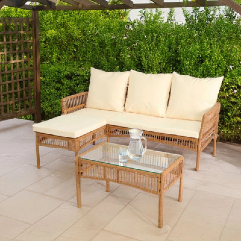 Image of NEO DIRECT Neo 3 Piece Natural Rattan Wicker Rope Corner L Shaped Sofa Cushions Garden Patio Furniture Set ROPE-NATURAL