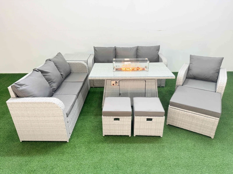 Image of Fimous 10 Seater Poly Rattan Outdoor Garden Furniture Firepit Dining Table Sofa Set Patio 3 Seater Sofa Reclining Chair 3 Seater Sofa 3 Stools Side Ta