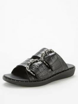 image of FitFlop Kaia Bamboo Buckle Flat Sandal - Black, Size 3, Women