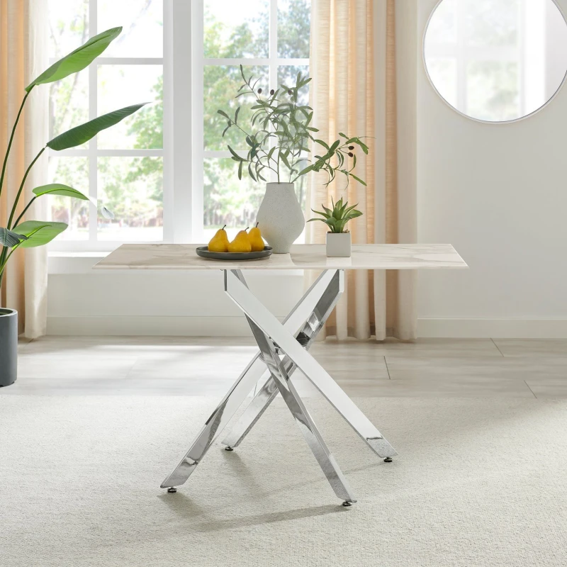Image of FurnitureboxUK FurnitureboxUK Leonardo 4-Seater Dining Table With Marble Effect Glass Top And Silver Metal Legs in White White One Size Unisex 5056542