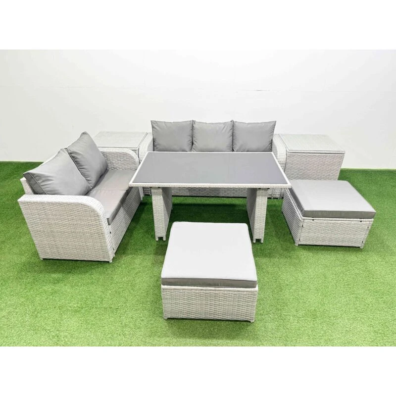 Image of FIMOUS Fimous Garden Furniture Set PE Ratten Garden Sofa Set with Rectangular Dining Table 2 Big Stool 2 Side Tables Light Grey B40009091212203839