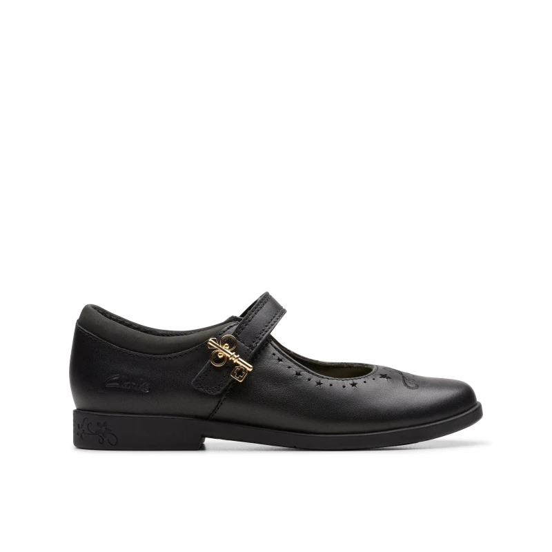 Image of Clarks Lock Magic Kid Black Leather Mary Jane, Riptape, School Shoes Size: 8-Standard Fit Black Unisex 8-Standard Fit