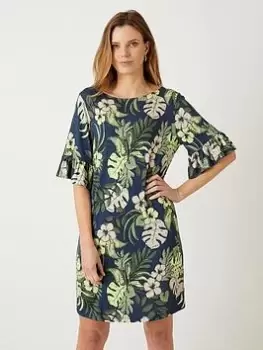 Image of Wallis Tropical Print Frill Sleeve Shift Dress - Navy, Blue, Size 16, Women