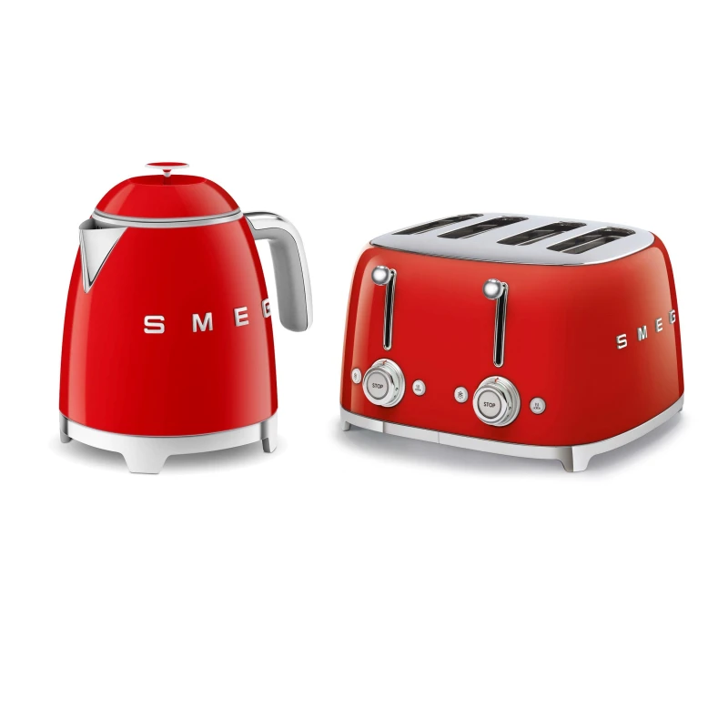 Image of Smeg Smeg Mini-Kettle & 4-Slice Toaster Set, 50's Style Retro, Stainless Steel Red Red One Size Unisex 5056462380346