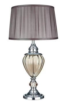 image of Greyson 1 Light Table Lamp Chrome, Amber , Glass Urn with Brown Pleated Shade, E27