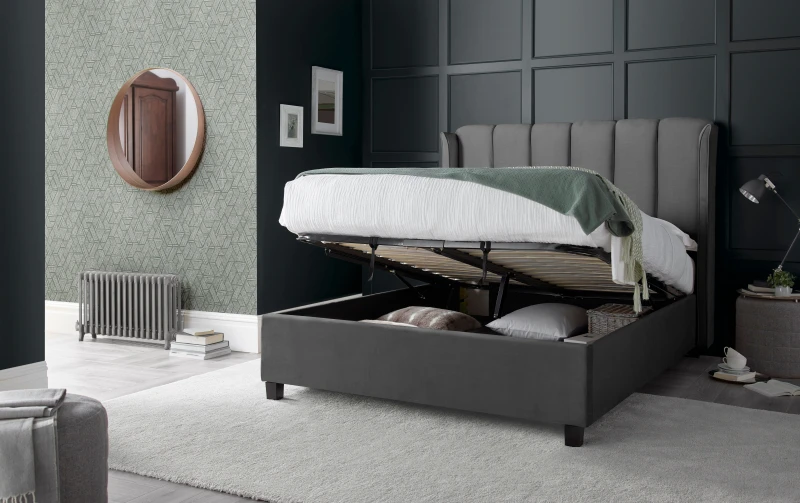 Image of Bedmaster Bedmaster Aurora Velvet Ottoman Bed And Neptune Spring Mattress in Grey Size: King Grey King Unisex 9509873619643