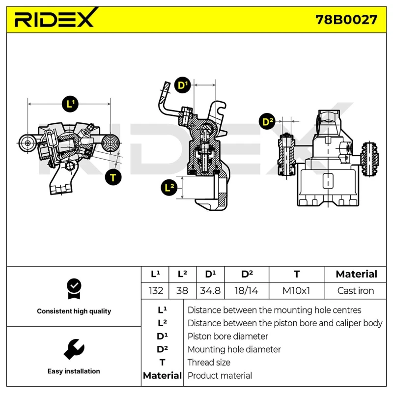 Image of RIDEX 78B0027 Brake caliper Rear Axle, without holder Cast Iron Brake Caliper (78)