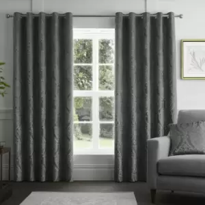 image of Curtina Chateau Damask Embossed Eyelet Lined Curtains, Slate, 66 x 54 Inch