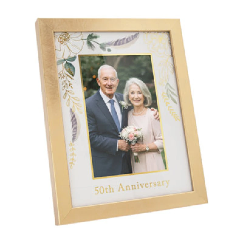 Image of Happy Homewares Modern 50Th Anniversary 4X6 Frame In Brushed Gold With Floral Decor