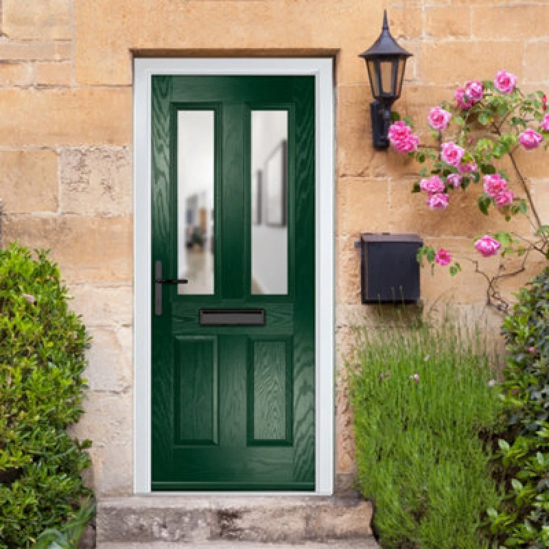 Image of Lacerta Composite Door Carnoustie Green 920mm X 2090mm Open In Right Hand Clear Glass 10 Year Guarantee - Free Delivery & Smart Lock