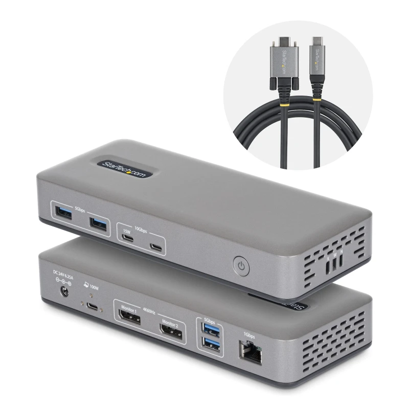 Image of StarTech.com StarTech.com Dual-Monitor USB-C Docking Station, DisplayPort, 4K 60Hz, 100W Laptop Charging, 1GbE, Driverless, Multi-Monitor Dock For Win