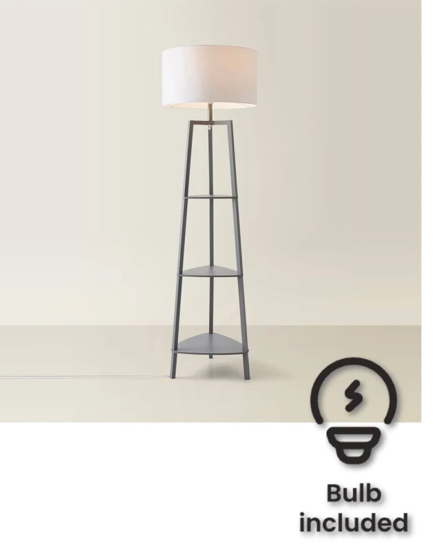 Image of ValueLights ValueLights Hiru Grey 3 Tier Shelf Floor Lamp with Large Drum Shade and Bulb in White White One Size Unisex 5059406034503