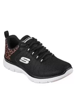 image of Skechers Flex Appeal 4.0 Leopard Heel Trainers, Black, Size 4, Women