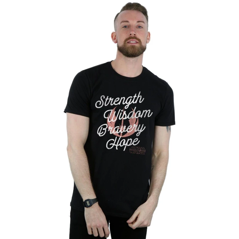 Image of Disney Men Star Wars The Rise Of Skywalker Strength Wisdom Bravery Hope T-Shirt in Black Size: Small Black S Male 5059400164176