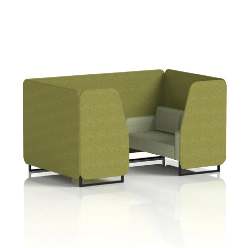 Image of Brixworth 4 Seater Office Booth with Front Panel - Black Legs in Rivet Fabric - Olive Panels and Burnish Sofa
