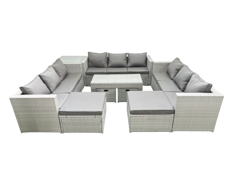 Image of Fimous Outdoor Rattan Garden Furniture Set with Grey Cushions Luxury 14 Seater with Coffee Table and Side Table For Conservatory,Patio Light Grey