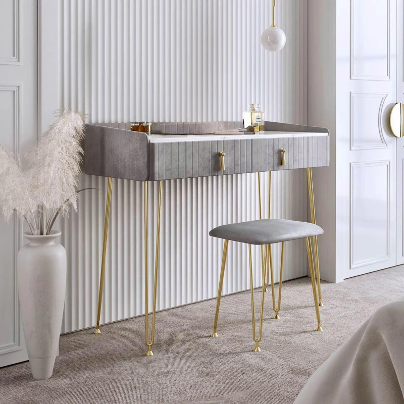 Image of CARME HOME Tokyo Glow Dove Grey Velvet Dressing Table with Velvet Stool Grey Unisex