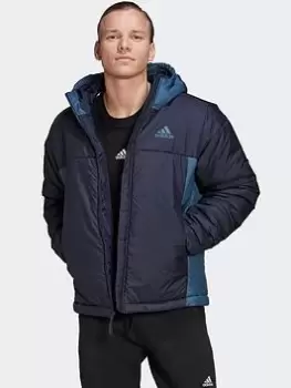 image of adidas Bsc 3-stripes Puffy Hooded Jacket, Dark Blue Size M Men