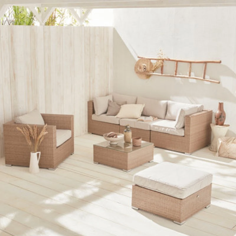 Image of Sweeek - 5-Seater Woven Resin Garden Furniture Set Beige 234X82X67cm - Caligari