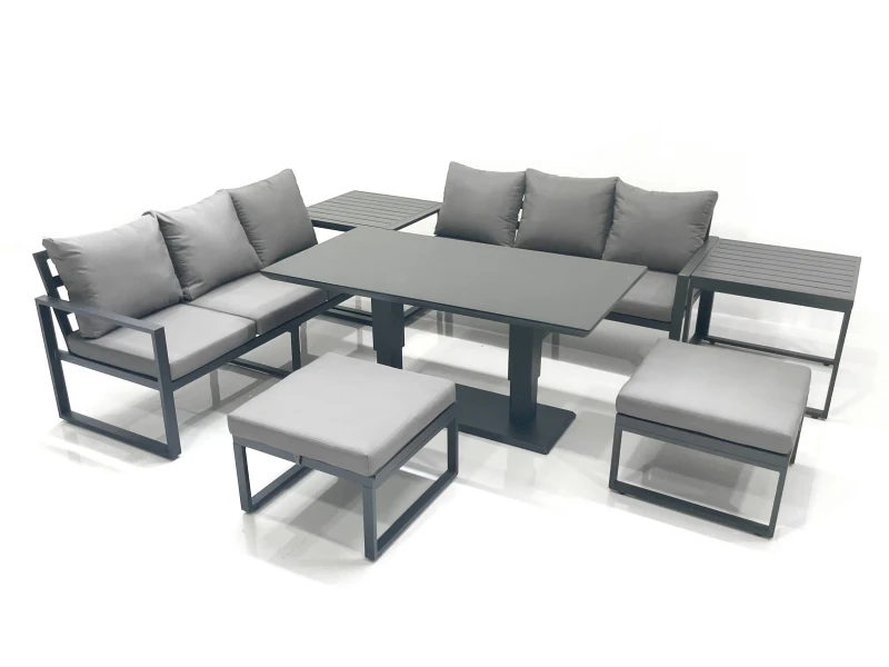 Image of Fimous 8 Seater Aluminium Outdoor Garden Furniture Set w/ Adjustable Rising Lifting Dining Table 3 Seater Sofa 2 Big Footstool 2 Side Tables Dark Grey