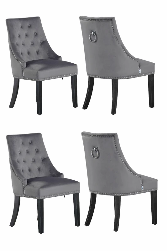 Image of Life Interiors Life Interiors Set of 4 Velvet Dining Chairs Scoop Knockerback & Button Tufted, Solid Wood Legs in Dark Grey Dark Grey One Size Unisex