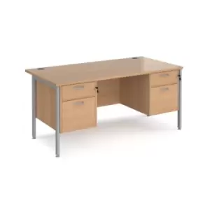 Image of Office Desk Rectangular Desk 1600mm With Double Pedestal Beech Top With Silver Frame 800mm Depth Maestro 25 MH16P22SB