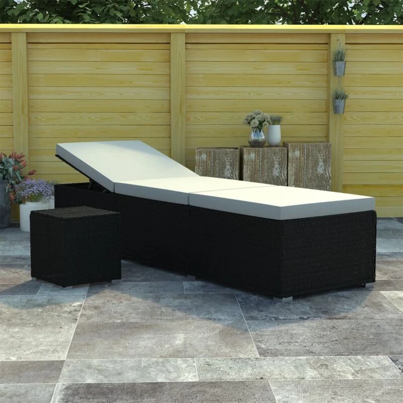 Image of VIDAXL Sun Lounger with Cushion and Tea Table Poly Rattan Black Vidaxl 8720286663622