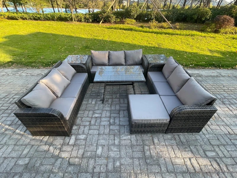 Image of Fimous 10 Seater Wicker Rattan Garden Furniture Set with Rectangular Dining Table 2 Side Tables Big Footstool Patio Outdoor Lounge Sofa Set Dark Grey