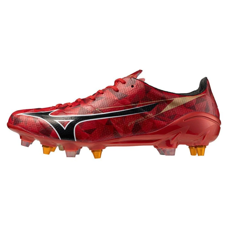 Image of Mizuno Alpha II Made in Japan Mix Mens Soft Ground Rugby Boots Red/Black/Gold male 9 (43)