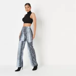 image of Missguided Faux Leather Snake Wide Leg Trousers - Blue