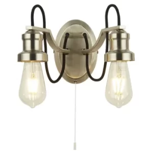 image of Searchlight Olivia 2 Light Wall Light, Black Braided Fabric Cable, Satin Silver