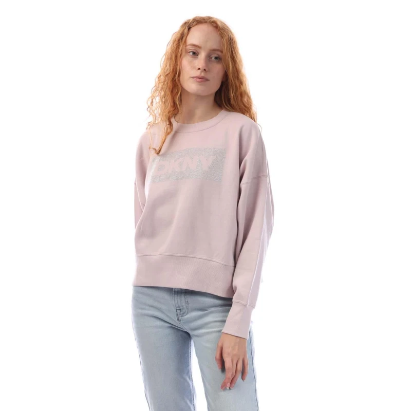 Image of DKNY Rhinestone Crosswalk Crew Sweatshirt White Pink female XL