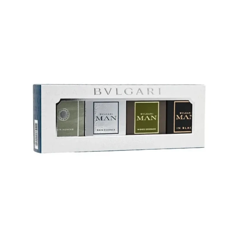Image of Bvlgari Miniatures For Him Gift Set 5ml Pour Homme Eau de Toilette + 5ml Man Rain Essence Eau de Parfum + 5ml Man Wood Essence Eau de Parfum + 5ml Man