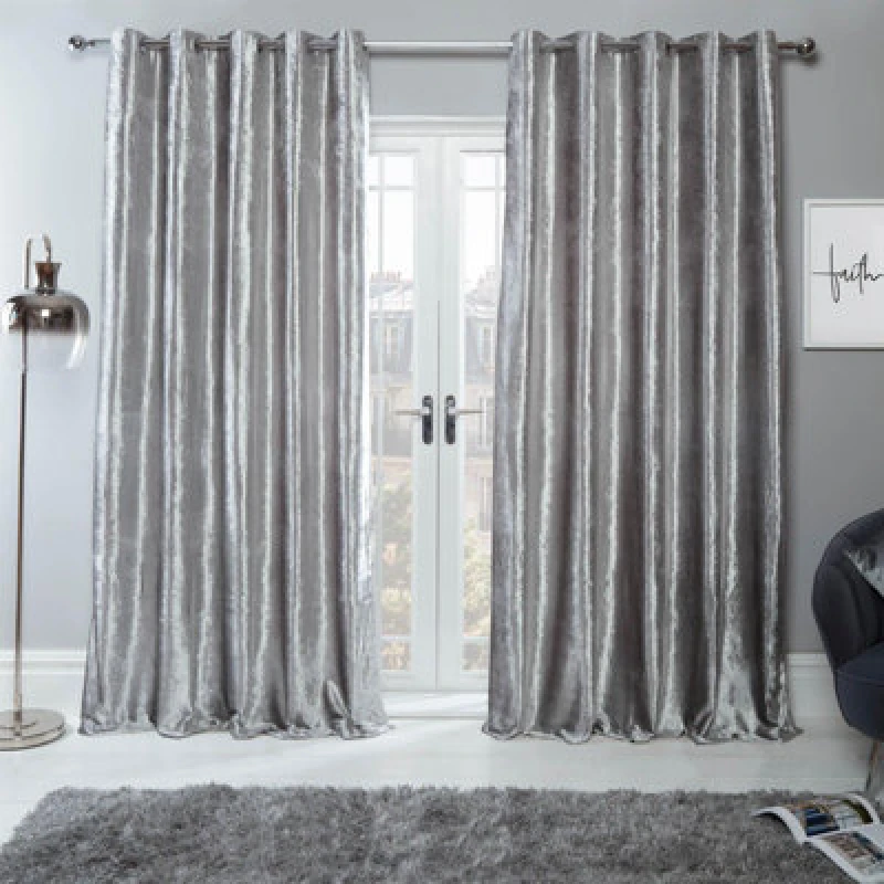 Image of OHS OHS Ready Made Eyelet Crushed Velvet Curtains, Silver in Light Grey Size: 117cm width x 229cm drop Light Grey 117cm width x 229cm drop Unisex 50