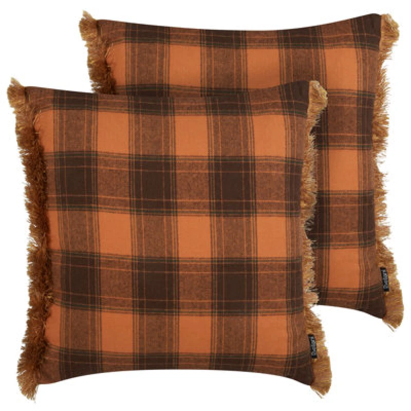 Image of Beliani Set Of 2 Decorative Cushions Barja 45 X 45cm Orange Checked