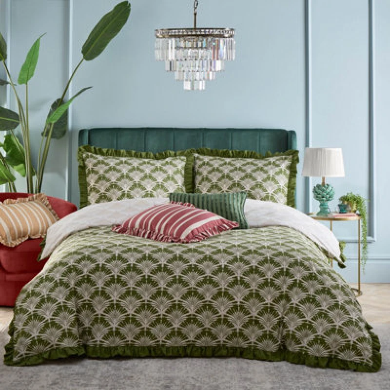Image of Furn Furn Deco Palm Printed Ruffle Duvet Cover Set in Dark Green Size: Single Dark Green Single Unisex 5025532822208