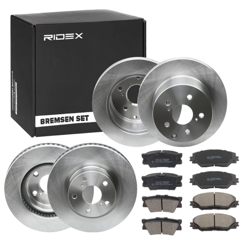 Image of RIDEX 3405B1736 Brake disc and pads set Rear Axle, Brake Disc Type: Solid, not prepared for wear warning indicator Brake Set,disc brakes (3405)