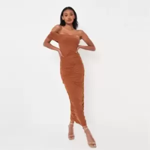 image of Missguided Midaxi Mesh Ruched Dress - Brown