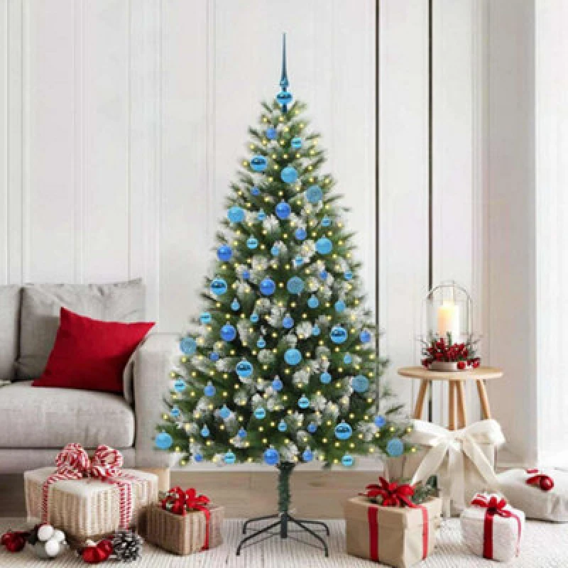 Image of vidaXL Artificial Hinged Christmas Tree with Blue Balls Flocked Snow 180 cm, Green 3395449