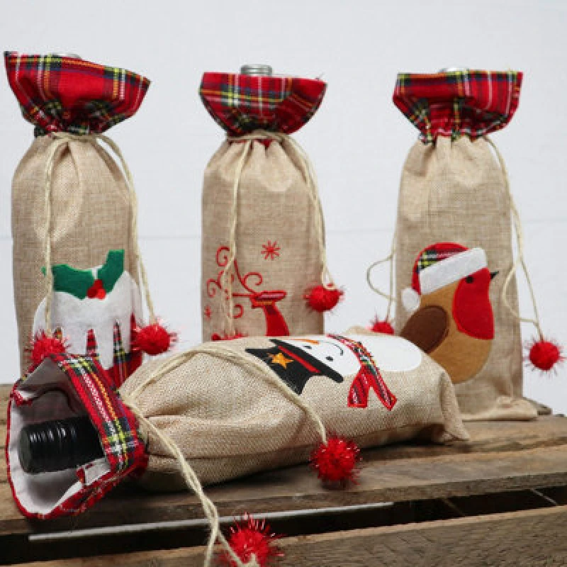 Image of Shatchi Wine Bottle Liquor Cover Bag with Drawstring Printed Pattern Burlap Hessian Linen Novelty Dinner Table Decorations Brown
