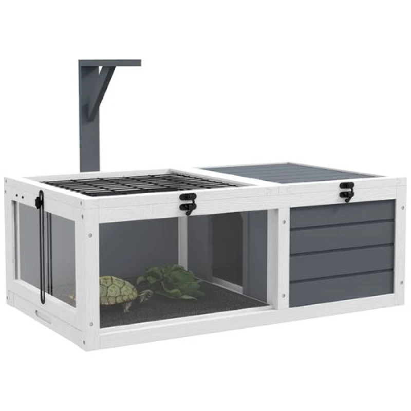 Image of Pawhut Tortoise House, Wooden Tortoise Table W/ Wooden Lamp Holder - Grey D40-033V01GY