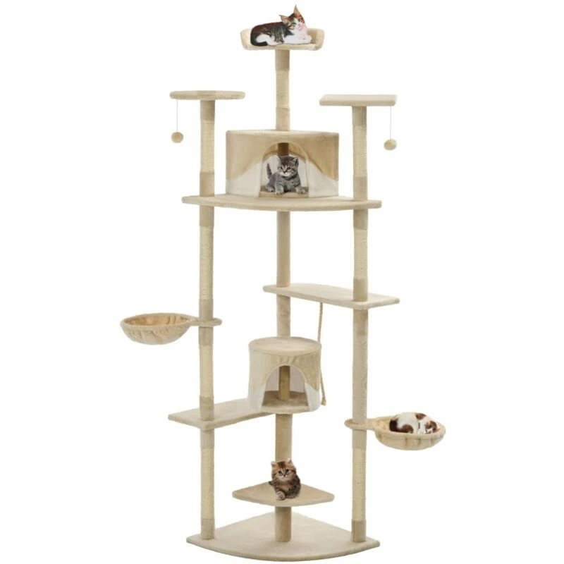 Image of vidaXL Cat Tree with Sisal Scratching Posts 203cm Beige and White Playhouse
