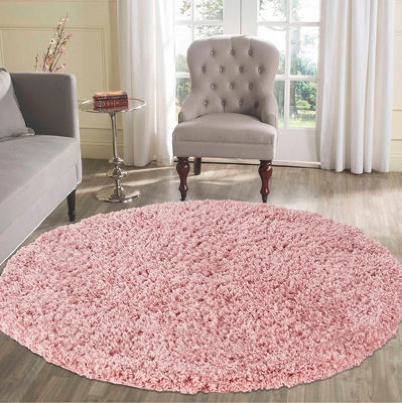 Image of Desire Rugs Plain Living Room Shaggy Area Rugs Baby Pink Round 120X120 Cm