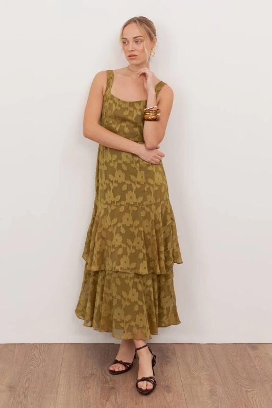 Image of Anaya with Love Womens Floral Burnout Square Neck Tiered Midaxi Dress in Dark Olive Size: 8 Dark Olive Female 8