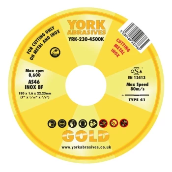 York Abrasives Gold - 180 X 1.6 X 22MM A 60 S-BF Gold Inox Reinforced Cut-off Disc