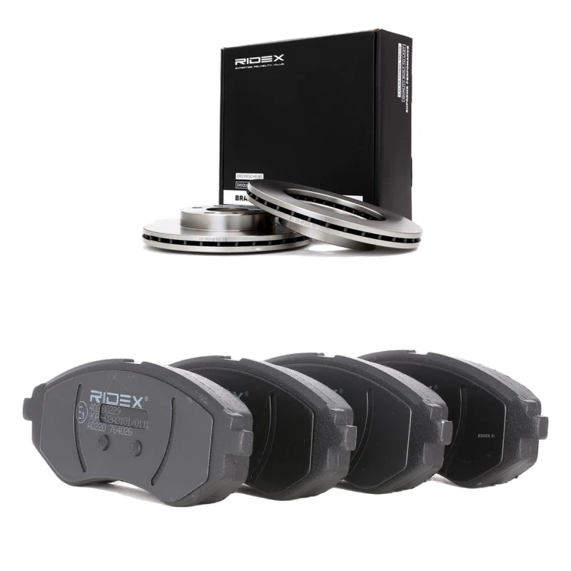 Image of RIDEX 3405B3378 Brake disc and pads set Front Axle, Brake Disc Type: Vented, excl. wear warning contact Brake Set,disc brakes (3405)