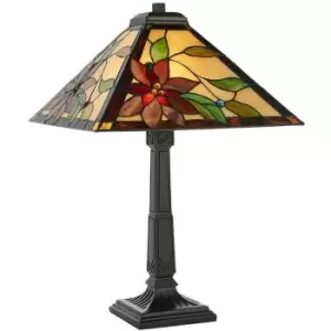 image of Tiffany Glass Table Lamp Light Dark Bronze & Red Flower Square Shade i00214